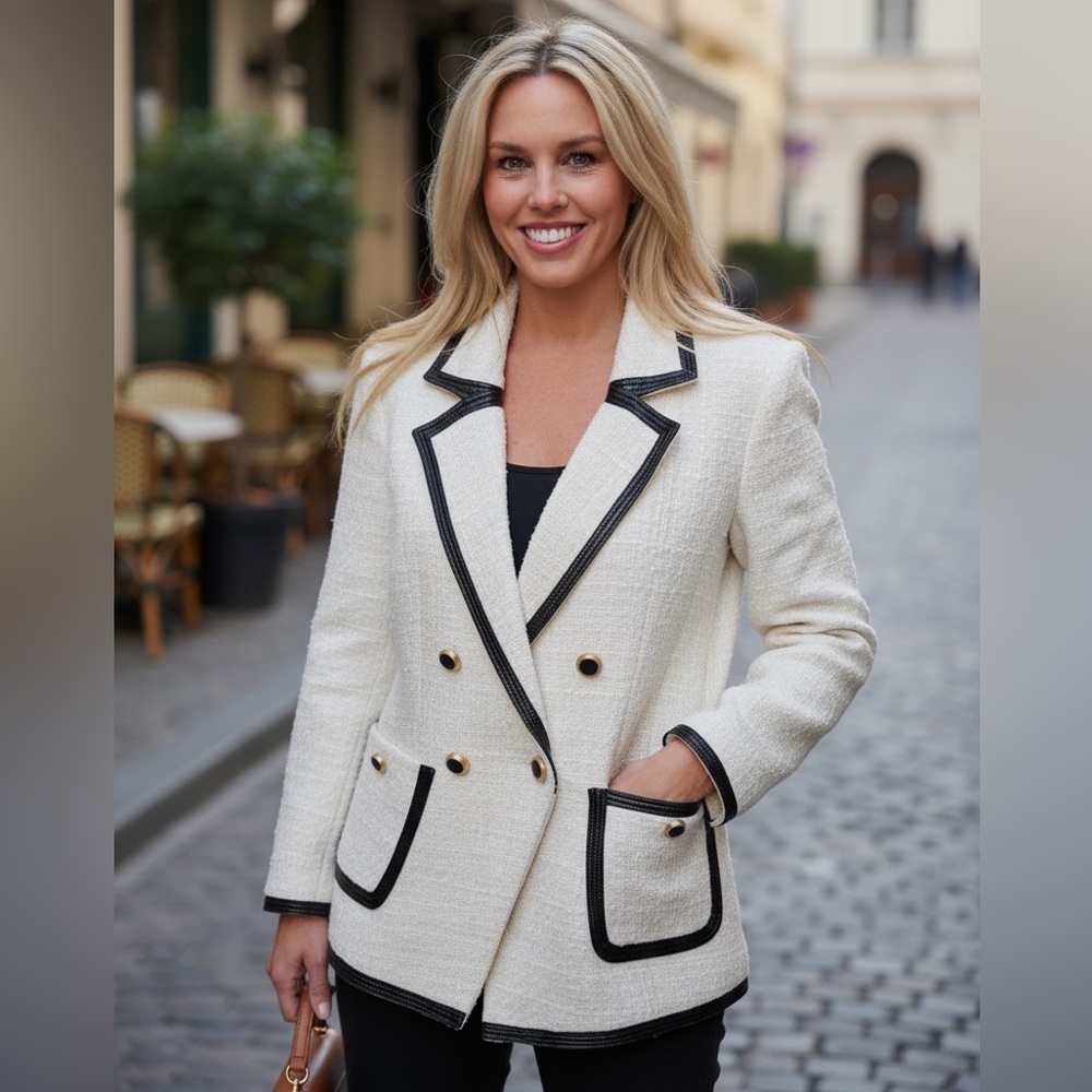 Veronica Beard Cream Tweed Blazer with Black Trim